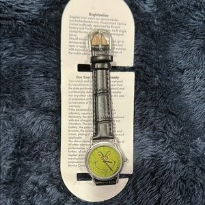 Black Leather Strap Watch with Green Dial